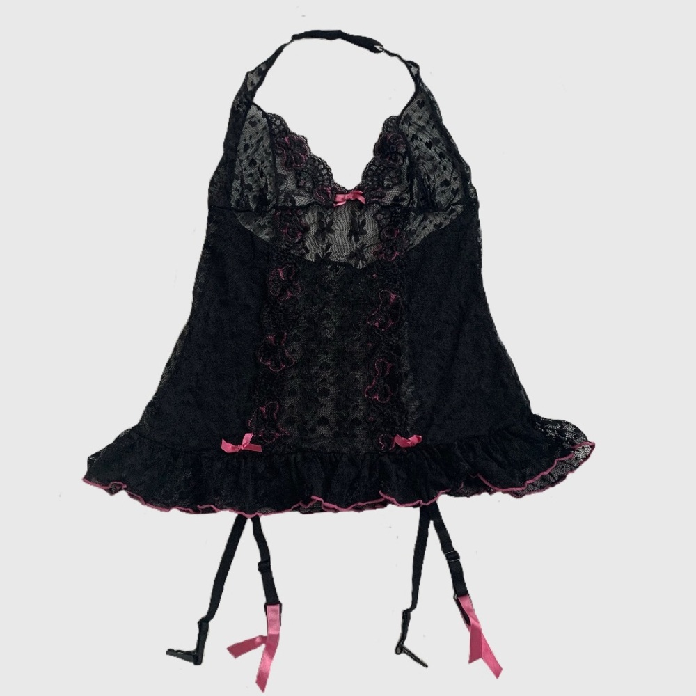 Y2K Rene Rofe Black & Pink Lace Lingerie Halter Top with Bows Size S/M